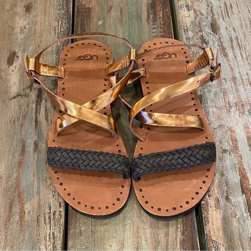 UGG NWOT Jordyne Sandals Flats Size 5 Metallic Copper Leather Braided Black - Picture 3 of 13